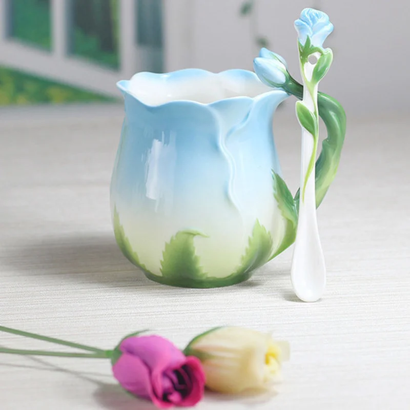 European Style Enamel Ceramic Coffee Mug Creative 3D Rose Flower Shape Lreative 4 Colors Household Breakfast Milk Cup with Spoon