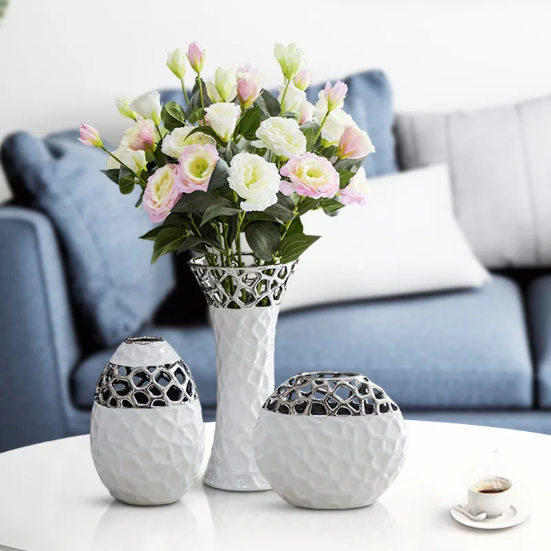 

Ceramic Vase white silver Openwork pattern flower Europe Living Room Decoration Home Decor Decorative ornaments