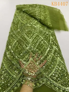 Pembe Yüksek Kaliteli Boncuklu Dantel Kumaşlar Afrika Nijeryalı Boncuklu Tül Dantel Beyaz Dizi Fransız Örgü Gelinlik KB4407