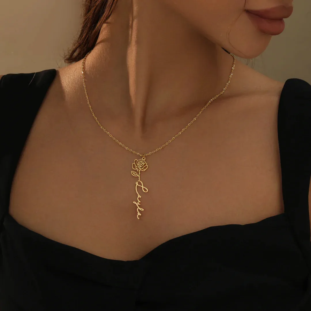 

Custom Rose Flower Name Necklace - 18K Gold Plated Stainless Steel Vertical Script Personalized Pendant, Elegant Gift for Women