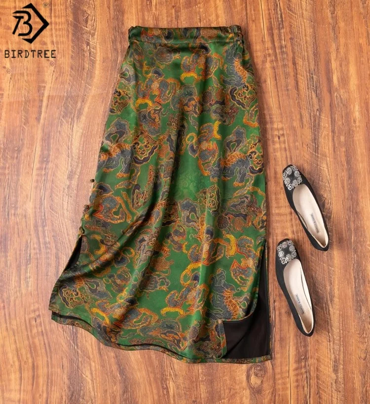 

Birdtree 45MM 100% Mulberry Silk Chinese-style Skirt,Women Print Elastic Waist Elegant Autumn Side Slit Straight Dress D59447JF