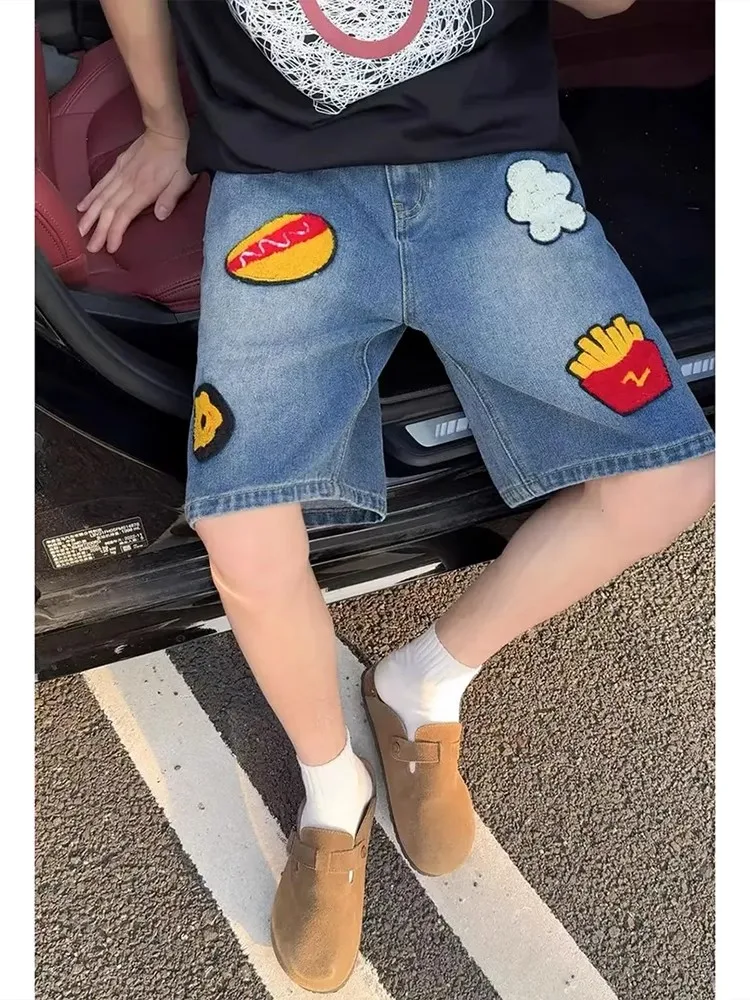 

Casual Cotton orts Embroidered Towel ex Summer Design High Street Vibe Five-Point Loose Fit Jeans Youth Faion