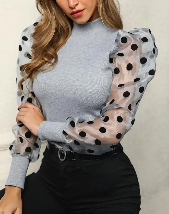 Women's mesh puff sleeve top for autumn and winter 2025, new fashionable casual long sleeved polka dot top shirt