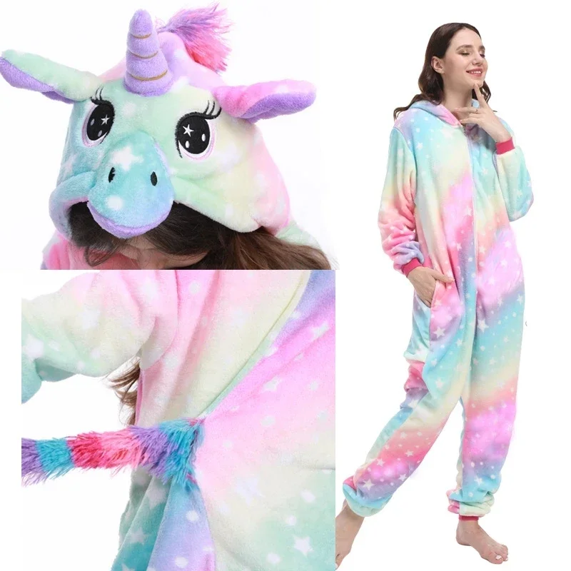 Unicorn Onesies Unisex Winter Cute Panda  Bear Cat Onesies Women Nightwear Anime Costumes Adults Flannel Sleepwear Pajamas