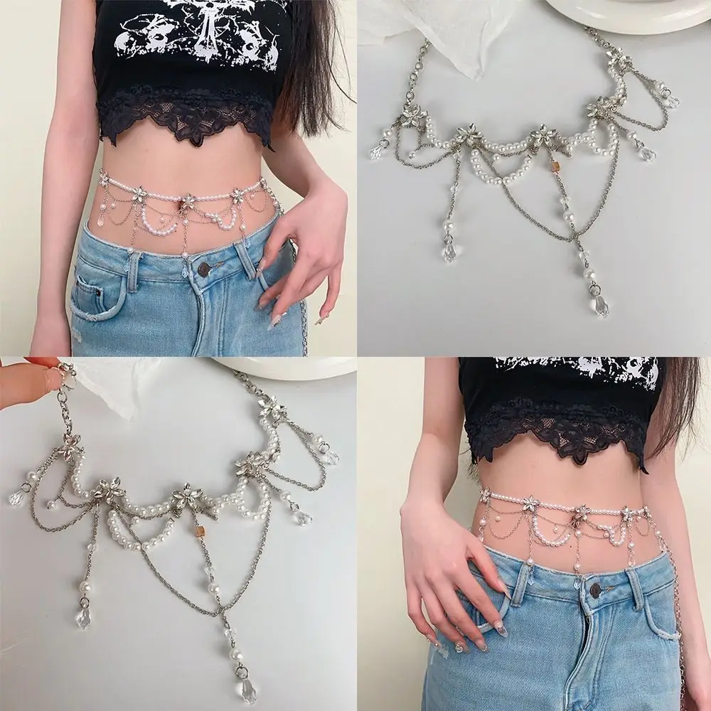 

Fashion Punk Hip-hop Waist Chain Rhinestone Flower Pearl Metal Belt Chains Casual Multilayer Layered Chain Elegant Accessories