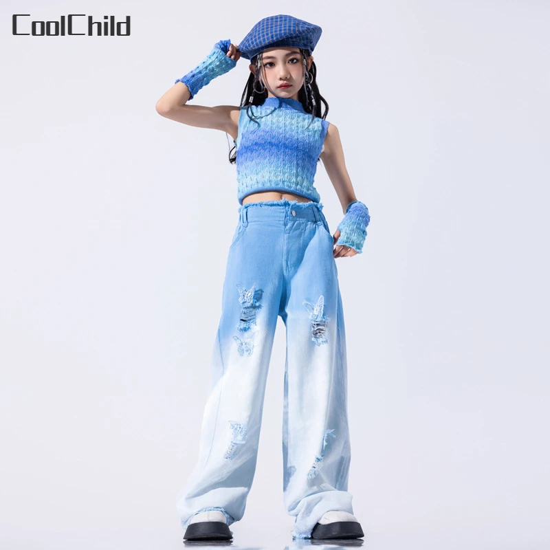 Girls Hip Hop Gradient Butterfly Crop Top Hoodies Cargo Pants Kids Street Dance Clothes Sets Children Streetwear Teenage Outfits