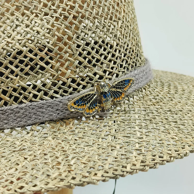 słomkowy kapelusz dla mężczyzn kapelusze naturalna trawa letni kapelusz dekoracja owadów czapki przeciwsłoneczne ręcznie robiony kapelusz vintage