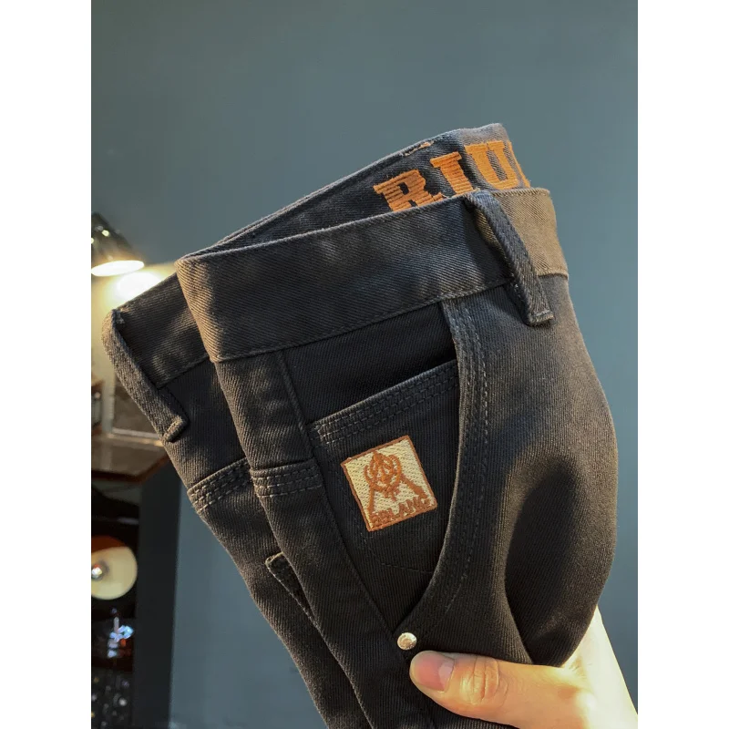 Черные джинсы, мужская мода, осенний толстый стиль, новинка 2025 года, высококачественные мужские брюки с вышивкой