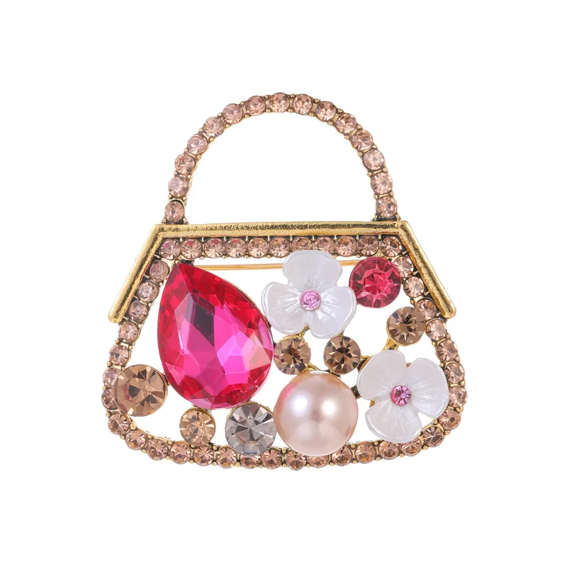 Cute Delicate Vintage Bag Crystal Pearl Brooch Women\'s Fashion Pin Clothes Collar Pin Accessories Jewelry Gifts