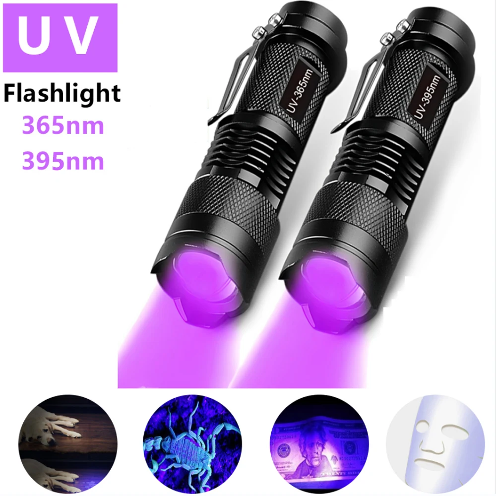 UV Flashlight LED Ultraviolet Torch Zoomable Mini Ultra Violet Lights 395/365nm Inspection Lamp Pet Urine Stain Detector Tools