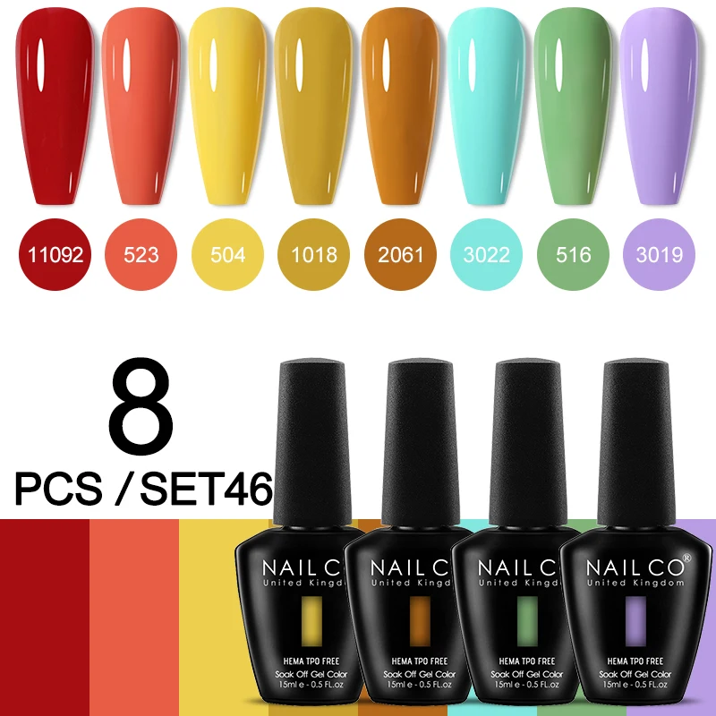 NAILCO 8pcs/Set 15ml Gel Nail Polish Kit Base Top Gel Nail Lacquer Art LED Varnish Semi Permanent UV Gel Soak Off Varnishes Nail