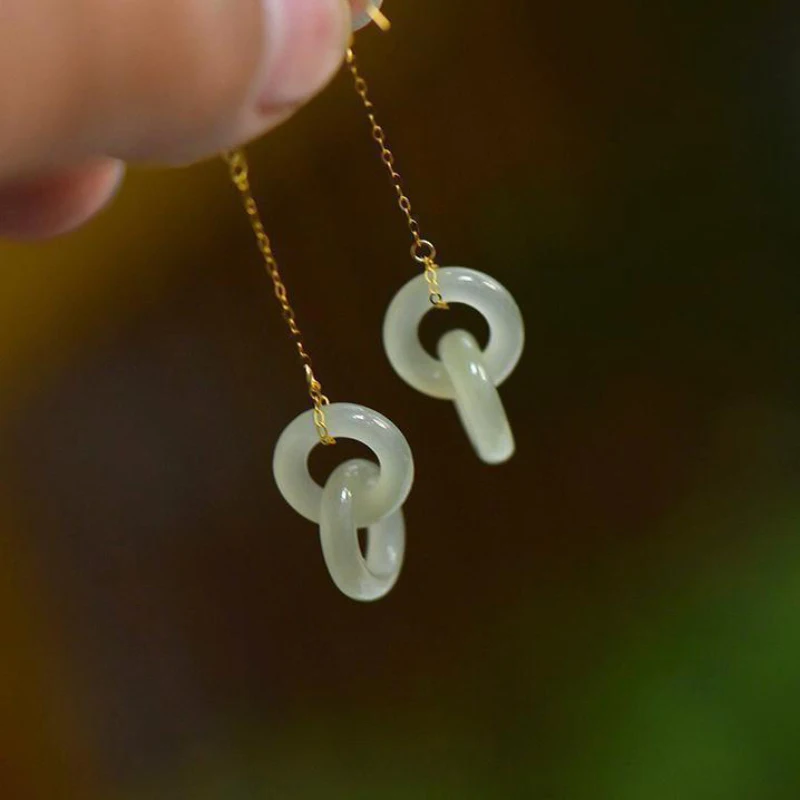 Creative new silver inlaid natural Hetian jade chain long Interlocking earrings for women elegant fresh light luxury jewelry