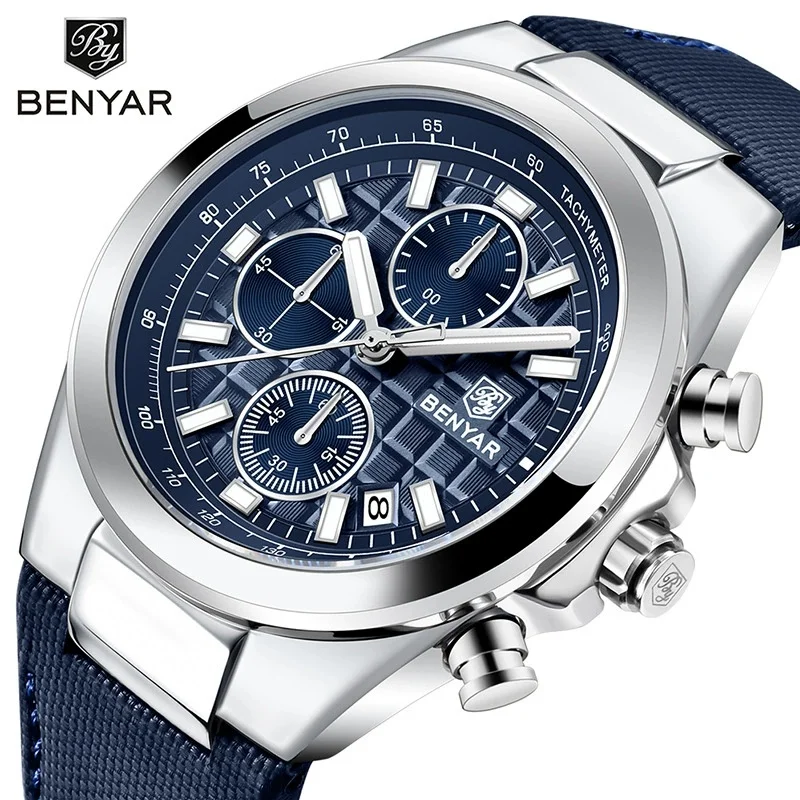 BENYAR 5206 Классические модные новые мужские часы Кварцевые роскошные светящиеся хронографы Водонепроницаемые кожаные мужские деловые часы с календарем