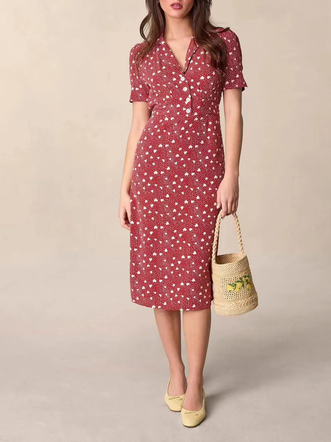 100% Vincose Women Single Breasted Mid-Length Dress V-Neck Waist Slim Vintage Summer New 2024 Female Red Heart Shaped Print Robe