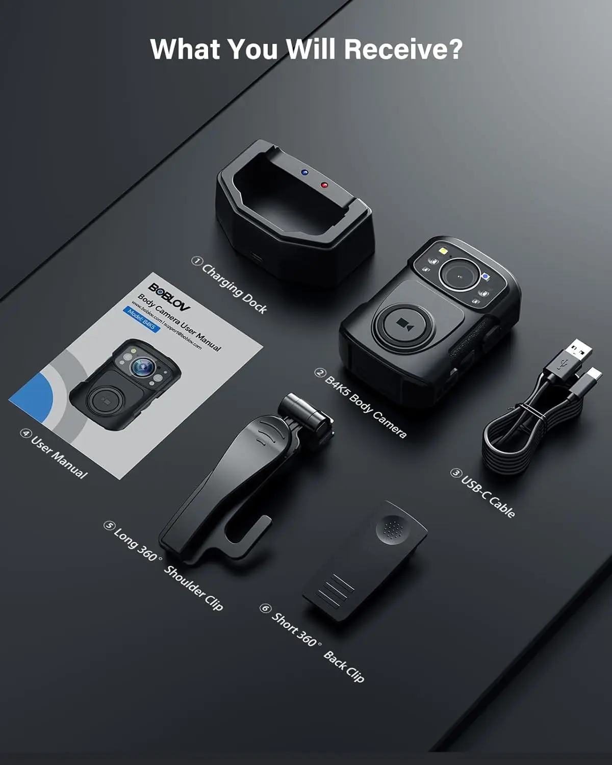 BOBLOV B4K5 4K 바디 캠, IP68 GPS 바디 착용 카메라, 128GB 경찰 카메라, 2160P 비디오 레코드 충전 독, 나이트 비전 바디 카메라 썸네일 6