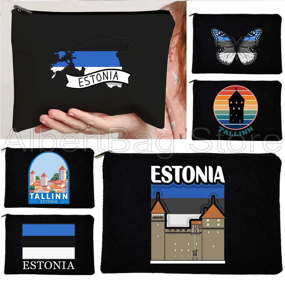 Эстония Сердце Флаг страны Карта Эстониана Подарки Холст Косметичка Для Макияжа Туалетная Сумка Чехол Для Ключей Кошелек Для Монет Сумка Для Хранения