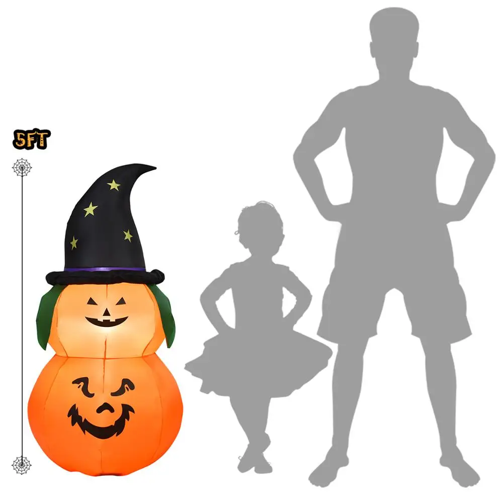 5FT Halloween Inflatable Pumpkin w/ Witch Hat LED Bulbs Blow Up Yard Decoration