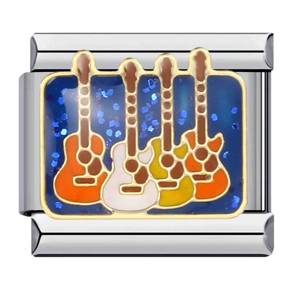 Trendy Fashion Rock Cool Guitar Music Piano Italian Link 9mm Width Charm Bracelet Stainless Steel Jewelry DIY Making