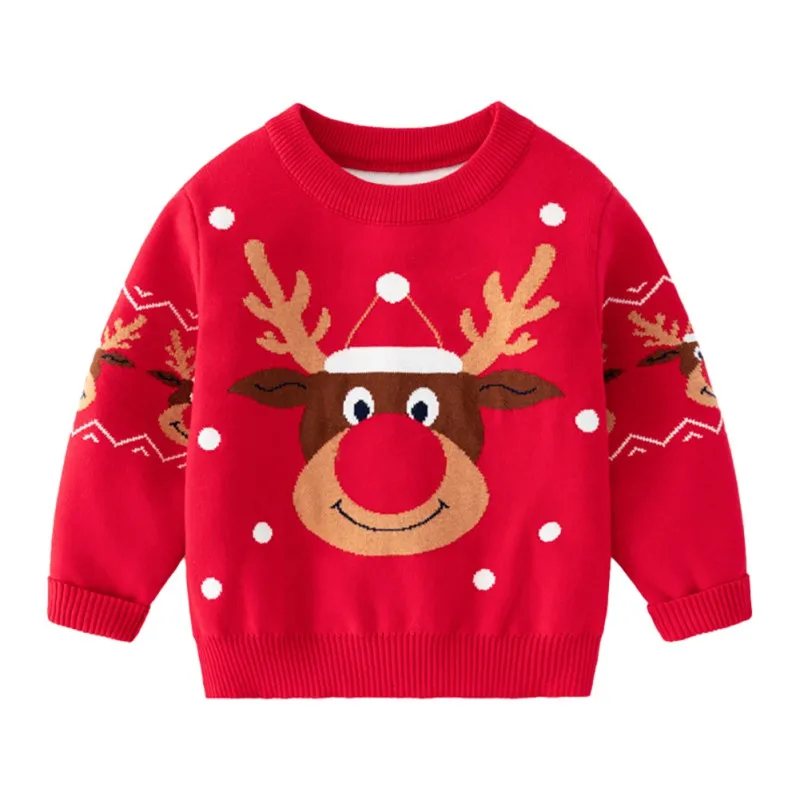 Winter Children\'s Thickened Sweater Boys And Girls Double Deer Jacquard Knitted Sweater Red Christmas Decoration Sweater