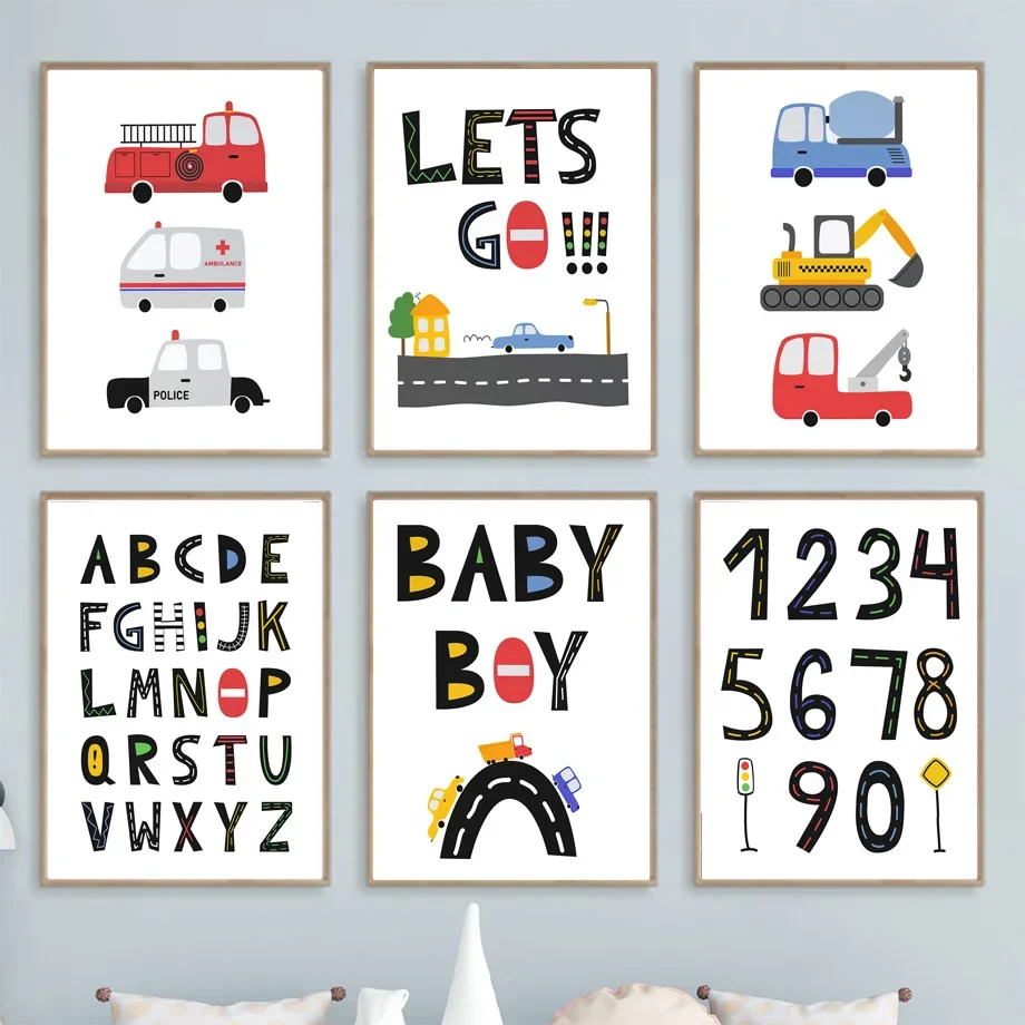 Numbers Alphabet Car Ambulance Fire Truck City Track Wall Art Canvas Painting Posters And Prints Wall Pictures Boys Room Decor