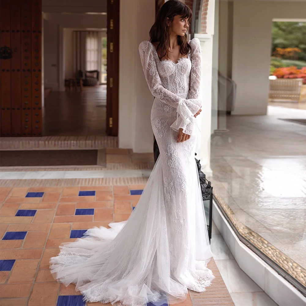 Delicate Lace Appliques Customized Bridal Gowns Charming Tulle Mermaid Vestido De Novia Square Collar Long Sleeves Wedding Dress