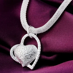 Collier pendentif double cœur en argent regardé 925 pour femme, 18 po, bijoux de charme de mariage, mode, vente en gros