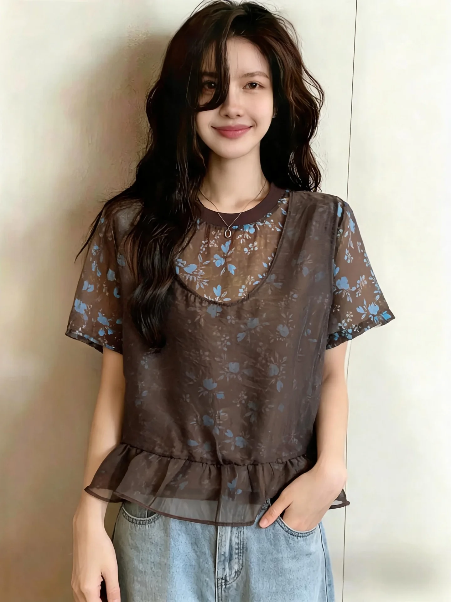 

Retro Floral Short Sleeve Base Shirt Women's Summer New plus Size Fat MM Slimming Mesh Splicing Top Korean Style Printed Halt...