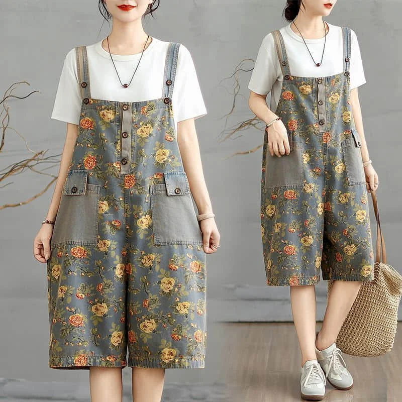 DENIM Jumpsuits ผู้หญิงวินเทจสไตล์เกาหลี One Piece ชุดดอกไม้ลดอายุ Cropped กางเกงขากว้างฤดูร้อนเสื้อผ้าผู้หญิง