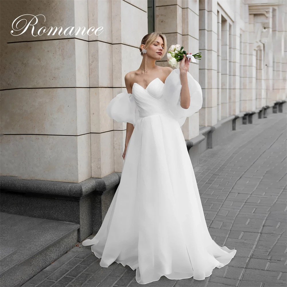 

Modern Pleat Bow V-Neck A-Line Wedding Dresses Women Backless Puff Sleeve Sweep Train Bridal Gown Vestidos De Novia Customized