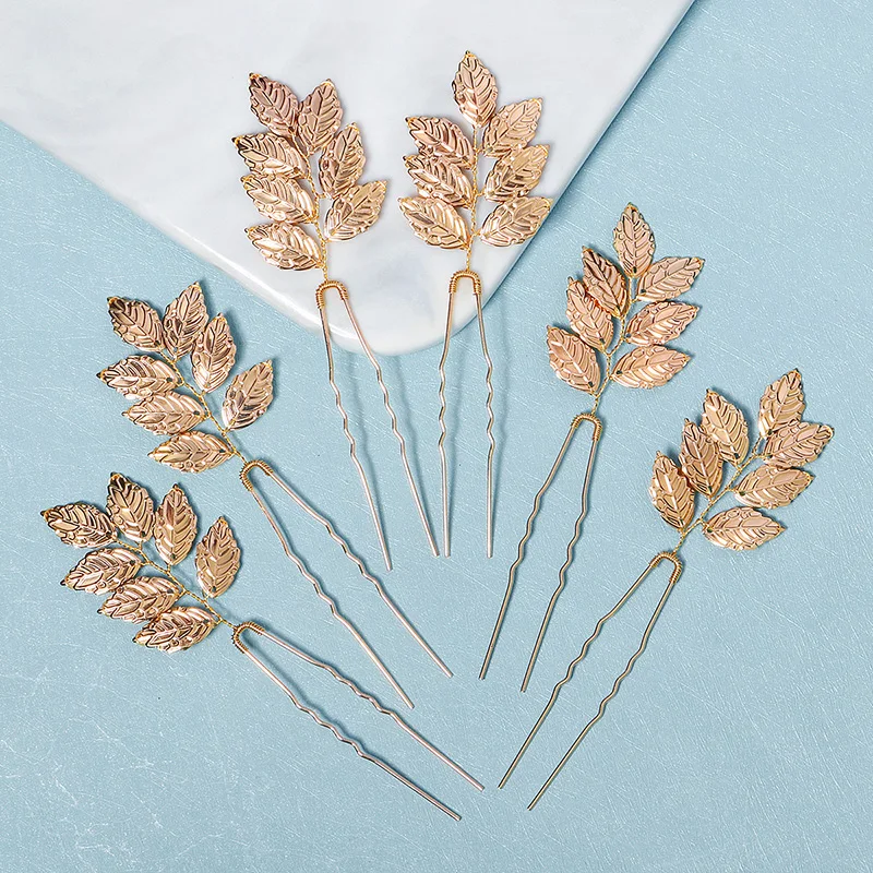 6PCS Gold Leaf Metal Hairpin Fashion Bridal Headdress Hair Accessories Rhinestone Crystal Hair Clips For Women Holiday Gift