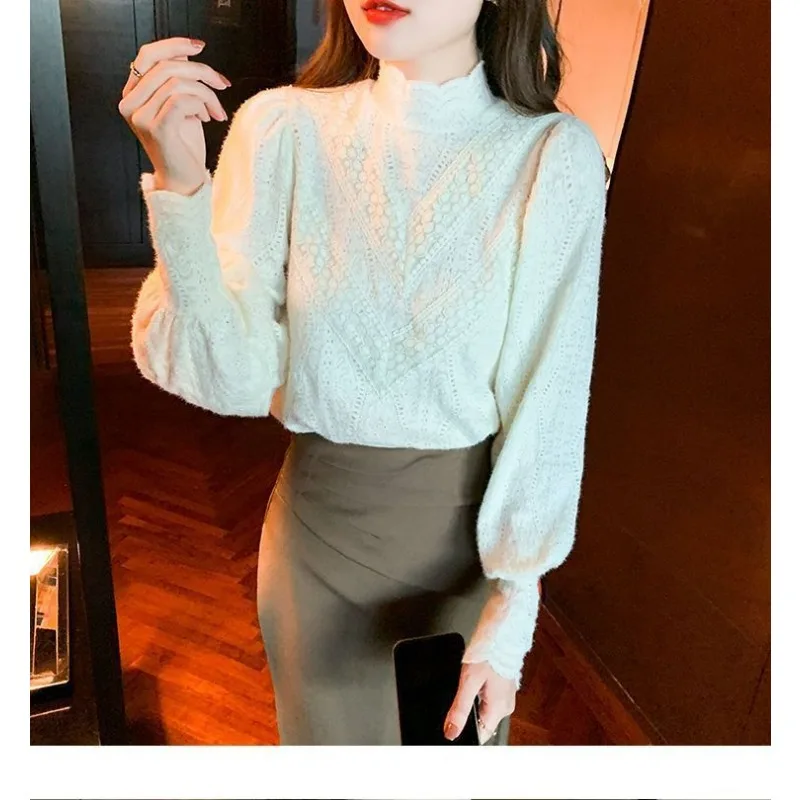 Women Blouse Women\'s Turtleneck Lace Lantern Sleeve Autumn Winter Korean Fashion  Top Bottoming Blusas Ropa De Mujer N28