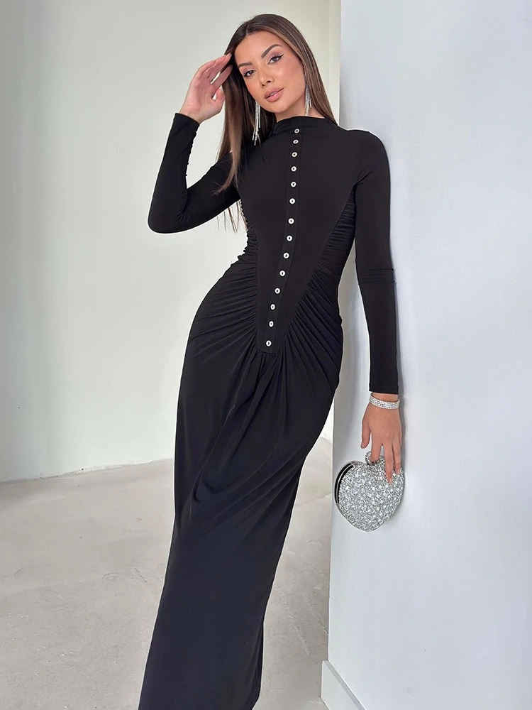 2025 Autunno Inverno Bottoni Tuniche increspate Abito lungo per le donne Elegante manica lunga Vita alta Pieghe Abiti da sera aderenti
