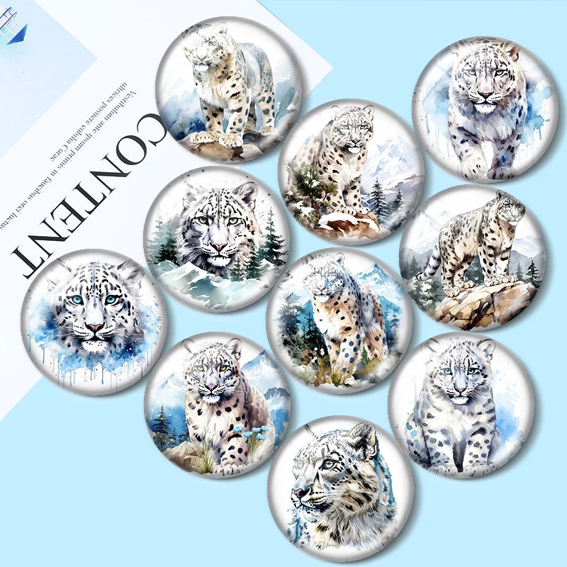Winter Snow Leopard Clipart 10pcs 12mm/18mm/20mm/25mm Round photo glass cabochon demo flat back Making findings