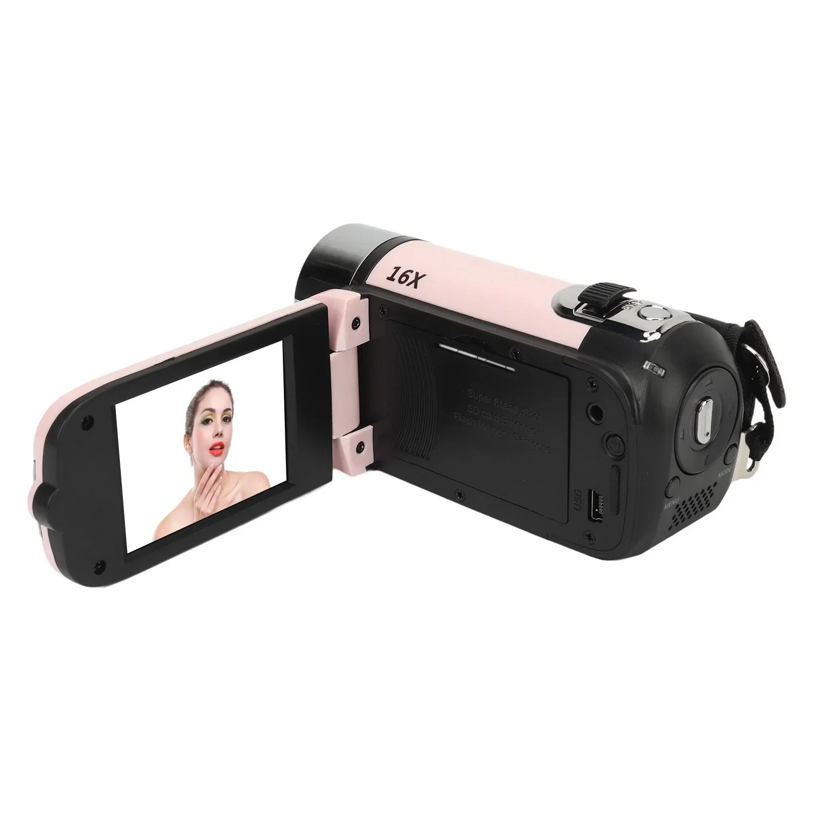 2.4 인치 회전식 스크린 캠코더, D90 1080P 16MP 디지털 카메라, 16X 줌 HD 비디오 녹음기, 필 라이트 핑크 포함