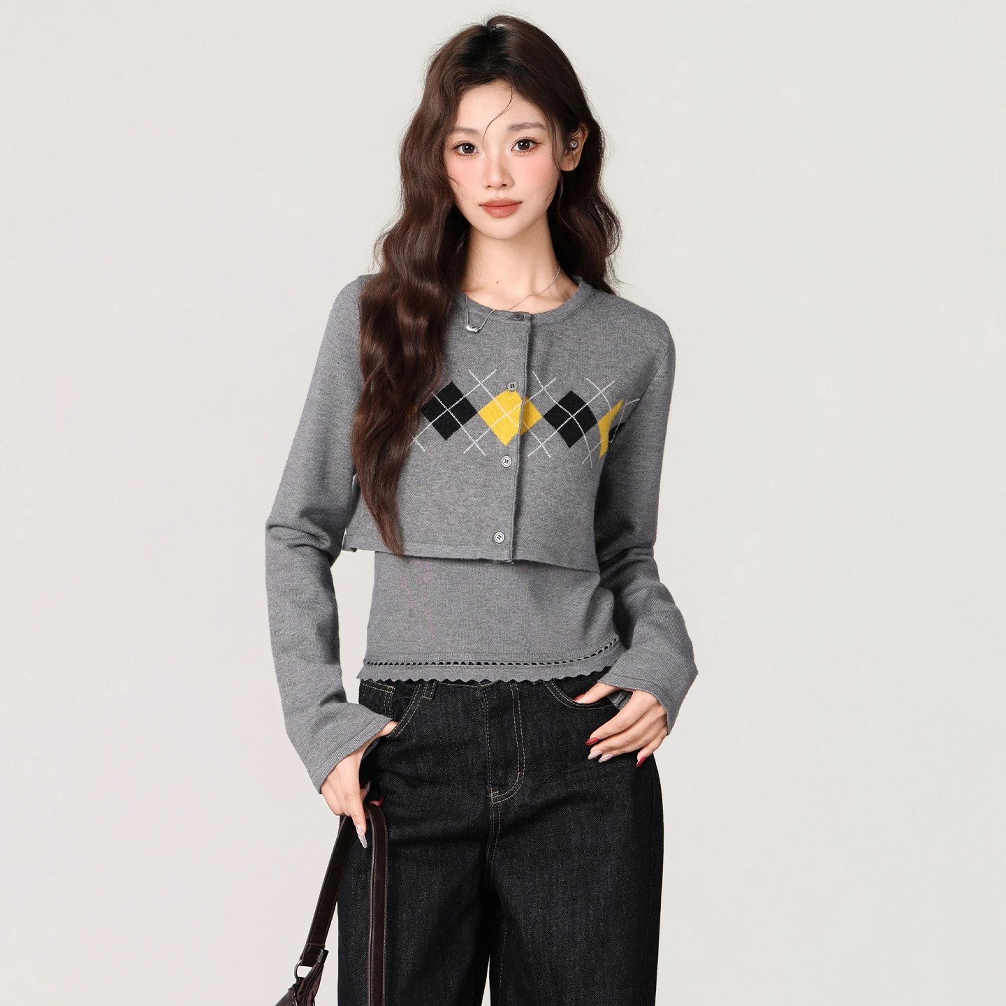 Цвет Blo ort Вязаный открытый кардиган Женский внутренний кружевной комплект Csole Sweet And Spicy Комплект из двух предметов в Корейском стиле Long Sve Wi...