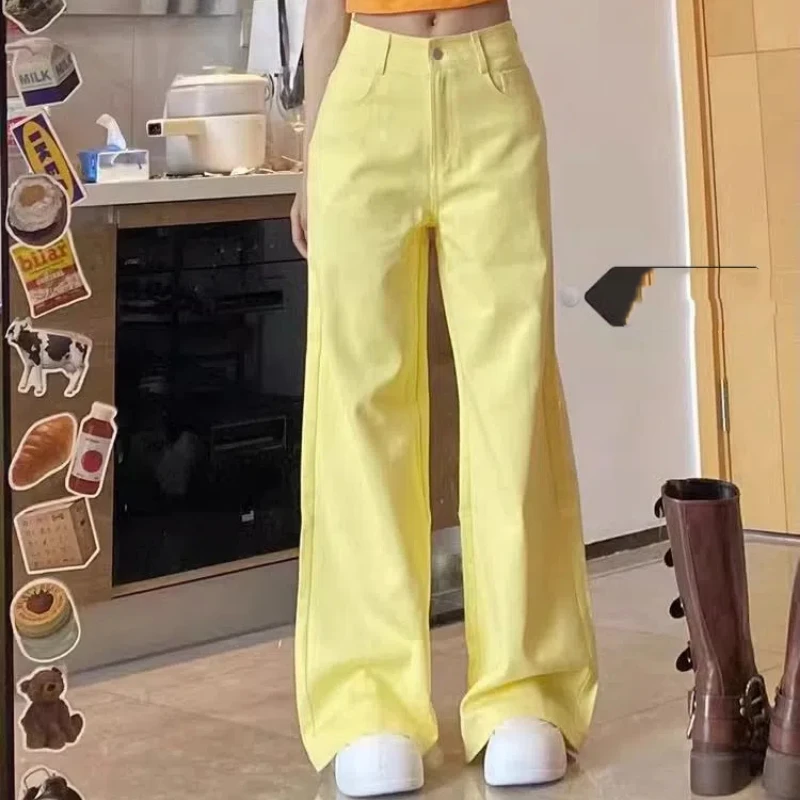 

Spring Autumn Fashion High Waist Solid Pocket Jeans Women's Clothing Loose Casual Button Trend Simplicity Korean Straight Pants