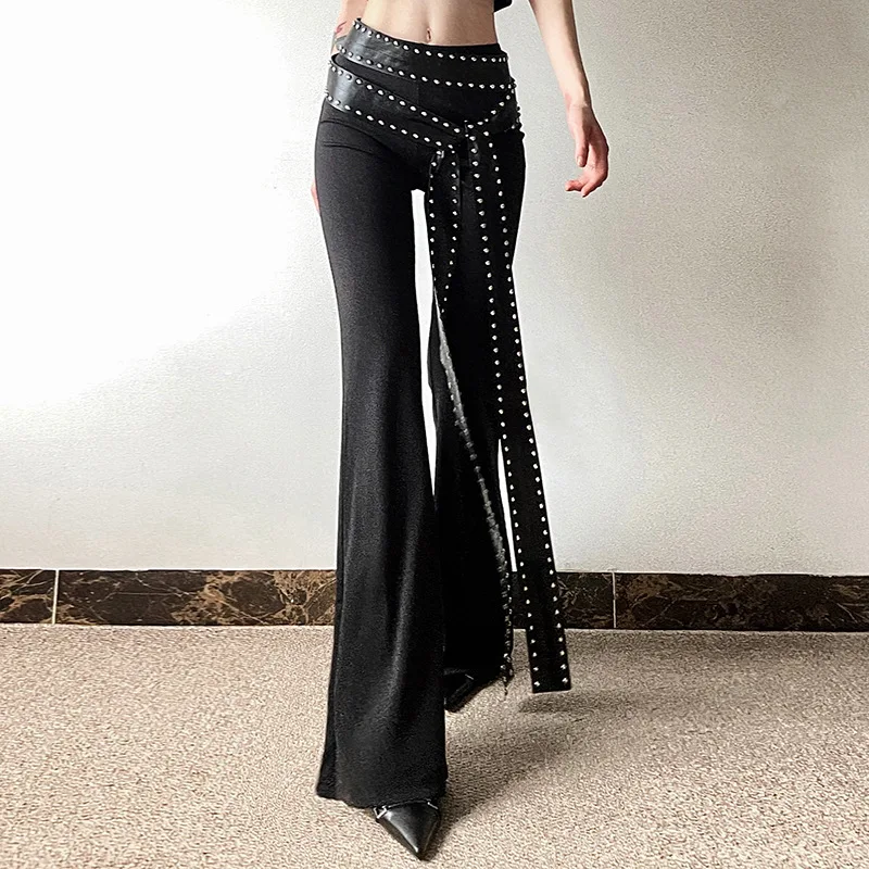 Goth Dark Punk Grunge High Waist Flare Pants Solid Alt Streetwear Women Mall Gothic Casual Trousers With Faux Leather Belts Slim