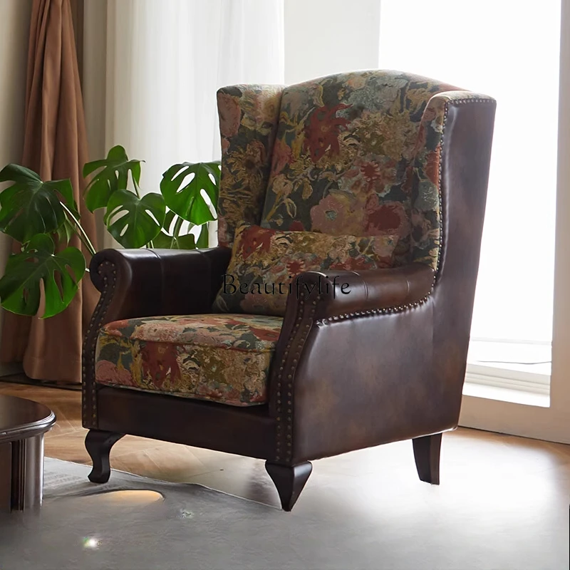 

American tiger chair retro American style leather armrest jacquard single seat