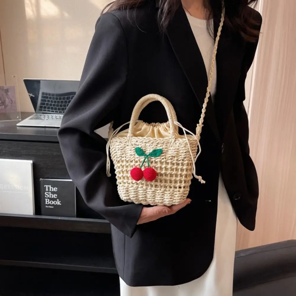 Sweet Cherry Lovely Woven Handbag Sunflower Shoulder Bag Straw Crossbody Bag Hollow Out Cute Summer Bag Girls