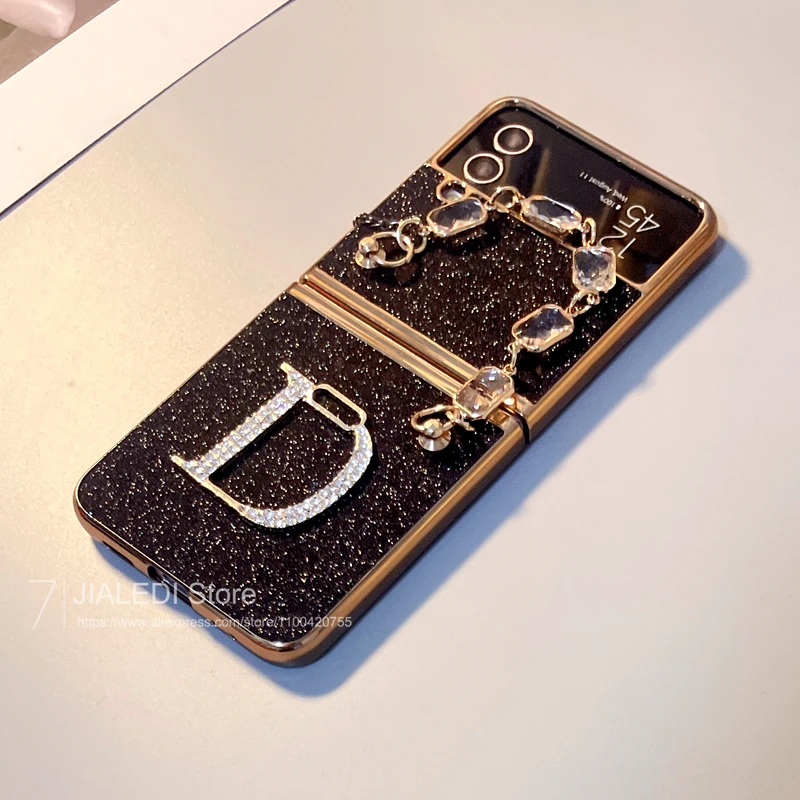 Fashion Bracelet Diamond letter D Glitter Phone case For Samsung Galaxy Z Flip 6 5 4 3 Chain Cover