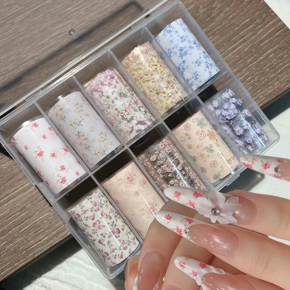 10 Rollen Vintage Rosen-Blumen-Nagelfolien-Aufkleber 4*50CM Bunte Blumen-Nageltransferfolie für Elegante Hochzeits-Maniküre-Dekoration N