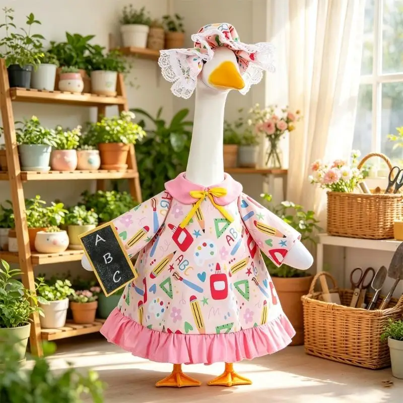 E8BD Garden Porch Statue Outfit Set, School Season Polyester Dress and Bonnet Cover for Entry Accent and Porch Styling