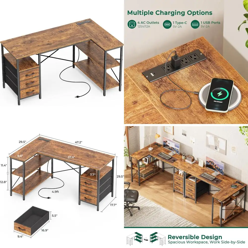 

Large L-Shaped Office Desk with Power Outlets, 47 Gaming and Home Office Desk with 3 Drawers and Shelves