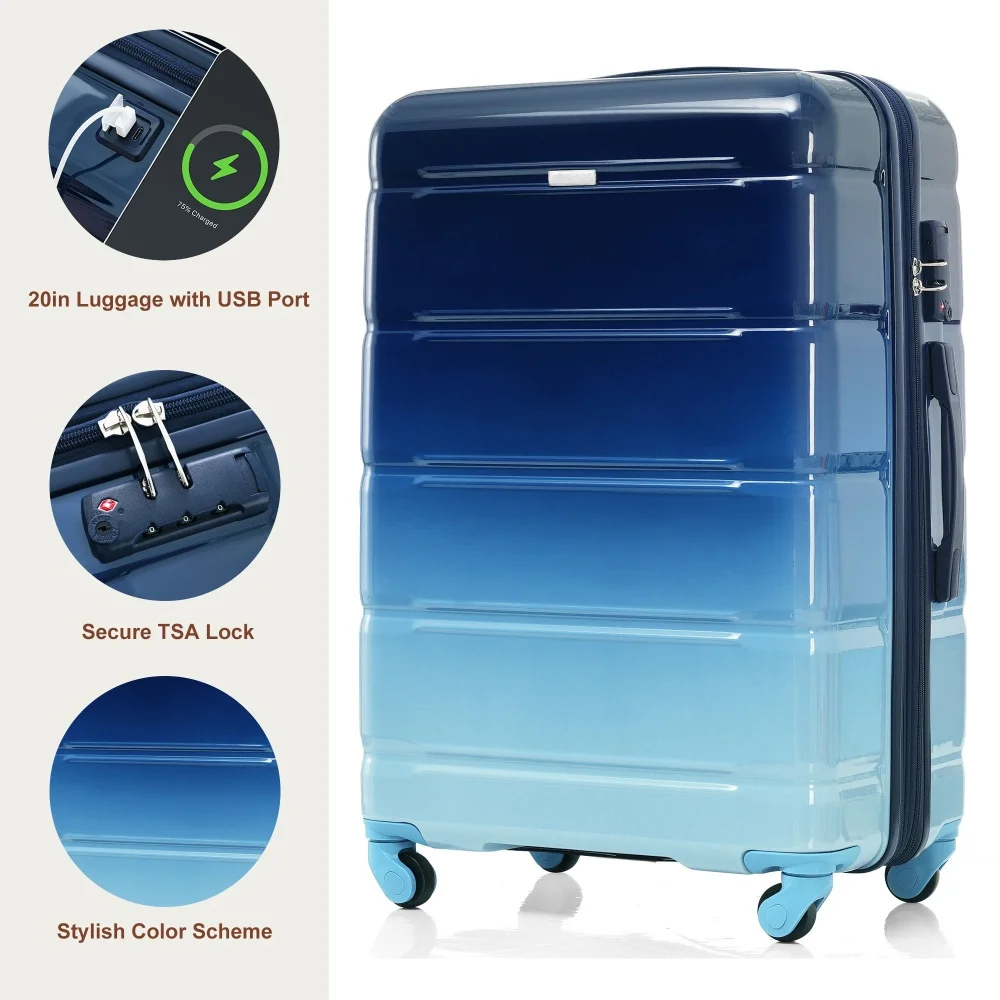 Conjunto de bagagem de 3 20 polegadas com porta USB Bagagem de mão com certificação de companhia aérea ABS + PC Hard Shell Bagagem Spinner Wheels Gradiente Azul