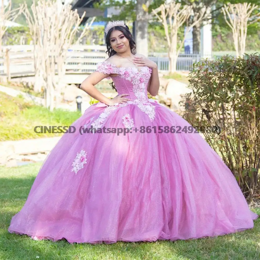 

Pink Off The Shoulder Beading Pearls Quinceanera Dresses Ball Gown Handmade Flowers Appliques Corset Sweet 15 Vestidos XV Años