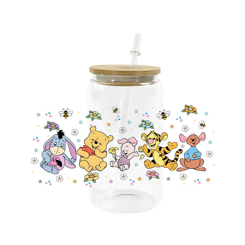 Miniso Pooh Met Vriend Uv Dtf Transfer Sticker Waterdichte Transfers Stickers Voor 16Oz Glazen Beker 3d Cartoon Diy Wrap Stickers