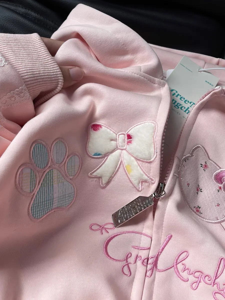 High Quality Embroidery Hoodie Jacket Sweet Cute Cat Cartoon Sweatshirts Coat Lolita Girl Kawaii Clothes Japanese Oversize Loose