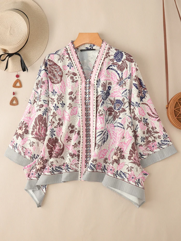 ZANZEA-Blusas bohemias con estampado Floral para mujer, Tops holgados de talla grande con manga tres cuartos y cuello en V para vacaciones y playa, 3XL