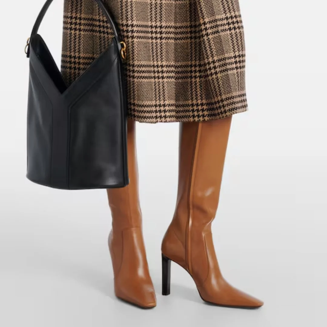 

Black Dark Burgundy Red Scarlet Amber Solid Color Leather High-Top Boots For Women Small Square Toe Slip On Long Botas Female DE