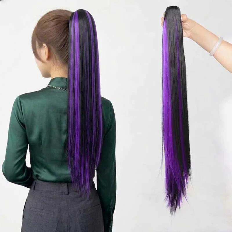 24 Inch Long Straight Ponytail Extension Black Purple Highlight Synthetic Hairpiece 140g Heat Resistant Pony Tail Women